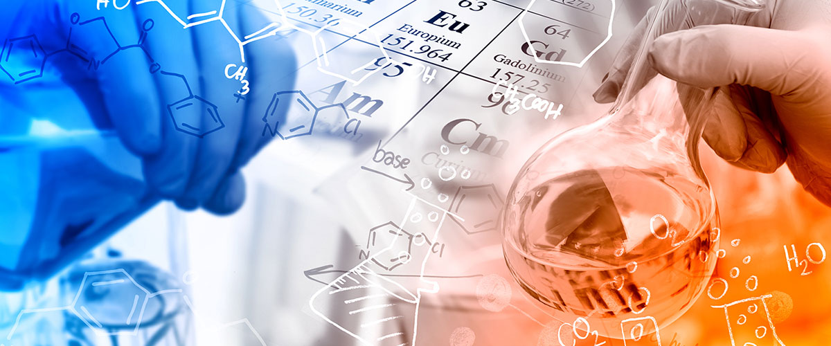 Different chemical formulas, a round bottom flask and part of a periodic table